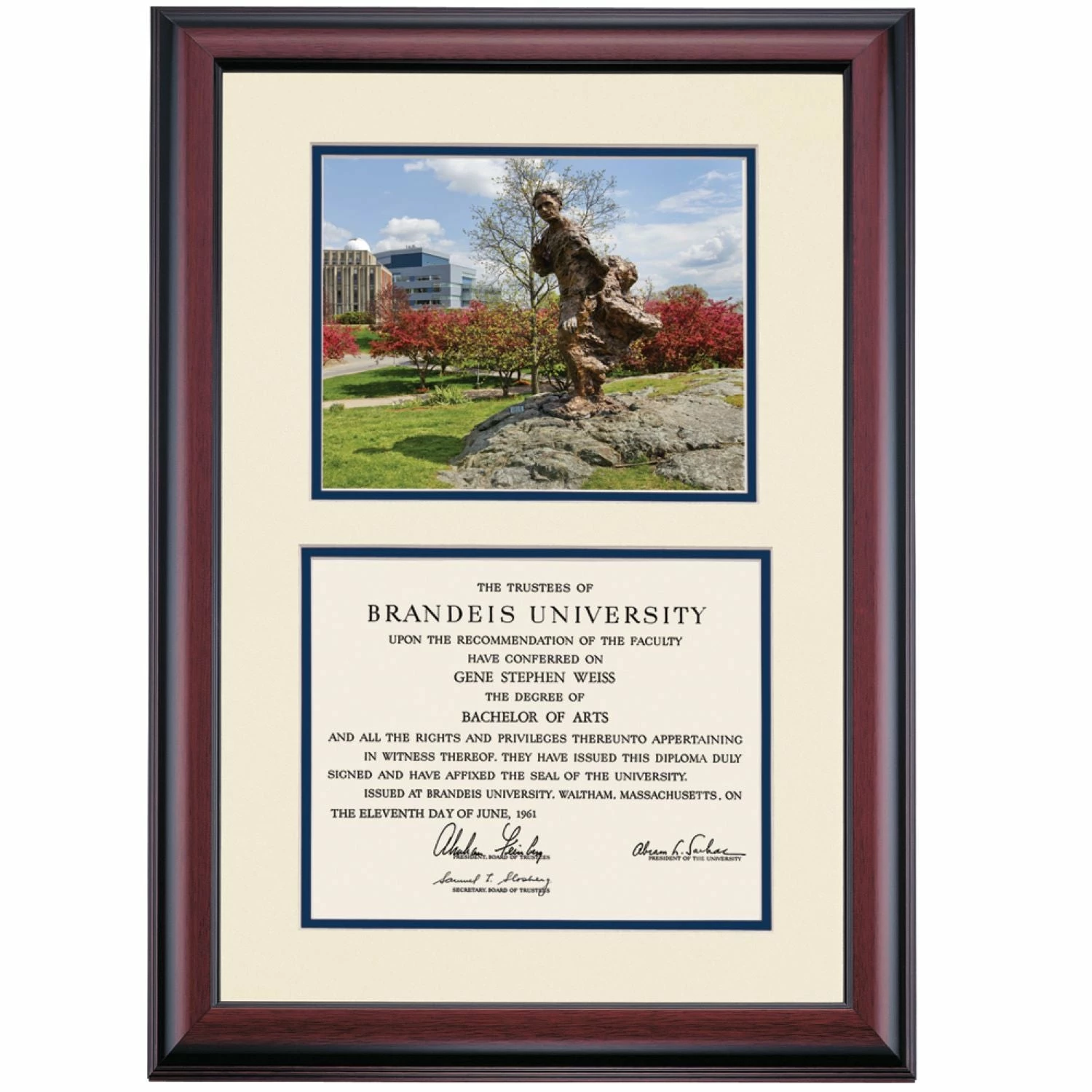 Brandeis Premier Louis Brandeis Statue In Spring Diploma Frame 3 Brandeis Premier Louis Brandeis Statue In Spring Diploma Frame